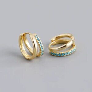 Blue CZ Double Huggie Hoop Earrings 18K Gold Sterling Silver PRETTY Earrings